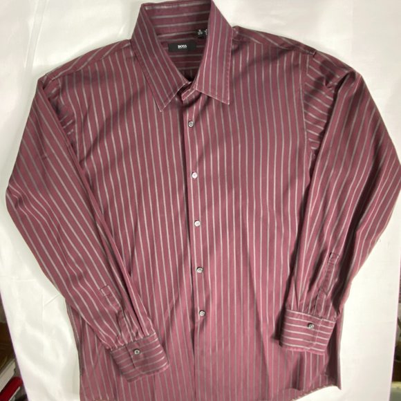 HUGO BOSS Men's Burgandy /Gray Stripe Long Sleeve Button Shirt 16 32/33 - Picture 4 of 10